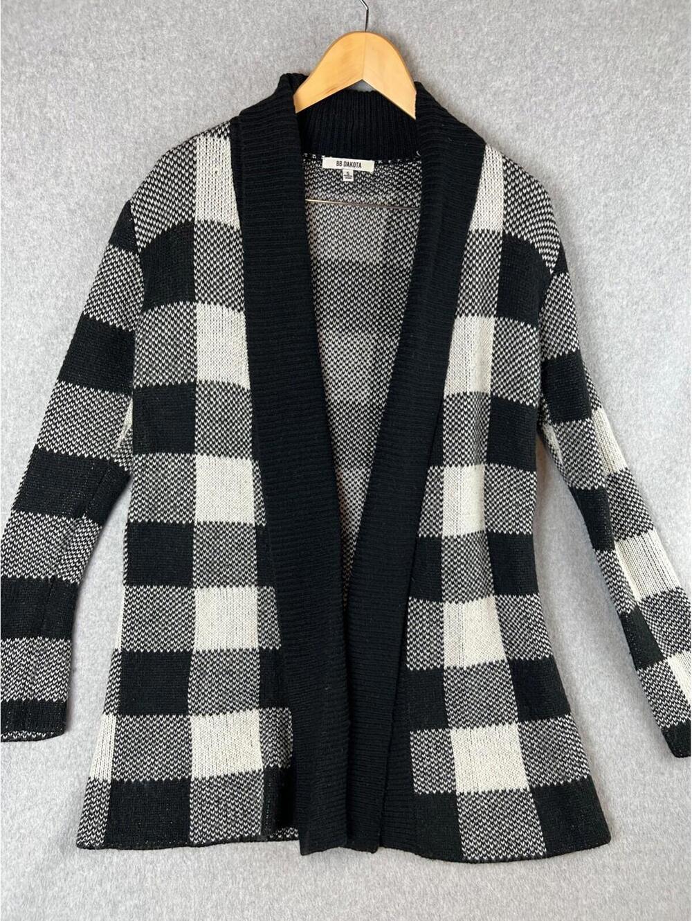 BB Dakota Open Cardigan Sweater Womens Size S Buffalo Plaid Black / White